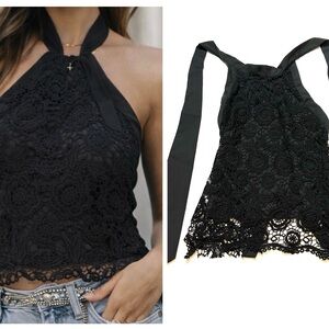 Black Lace Halter Top Floral Cropped Tie Neck Boho Festival Chic
